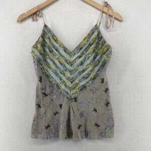 TREE Top S Cami Silk Gauze Floral Butterfly V-Neck Back Zip Y2K Gothic Gray